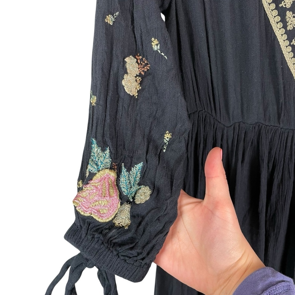 Free People Enchanted Forest Black Embroidered Floral Boho Midi Dress Size Small - Picture 9 of 16